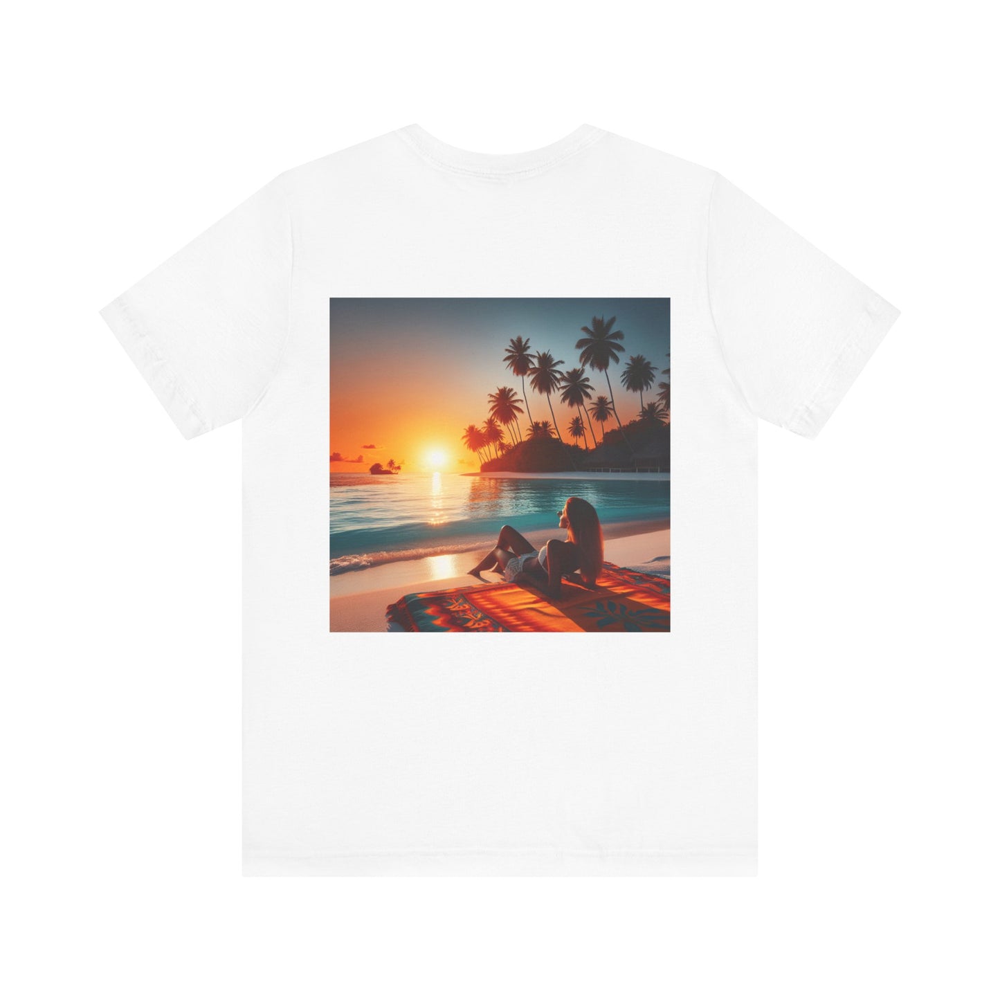 "Serene Solitude: An Exotic Sunset Symphony" - Tropical Beach Sunset with Palm Trees Unisex Jersey T-Shirt