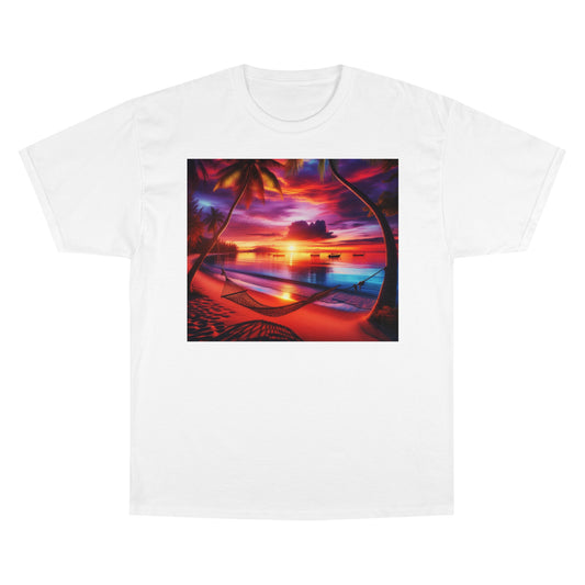 "Serenity Sands - The Aura of Tropical Twilight" - Champion Tee Tropical Beach Sunset with Palm Trees