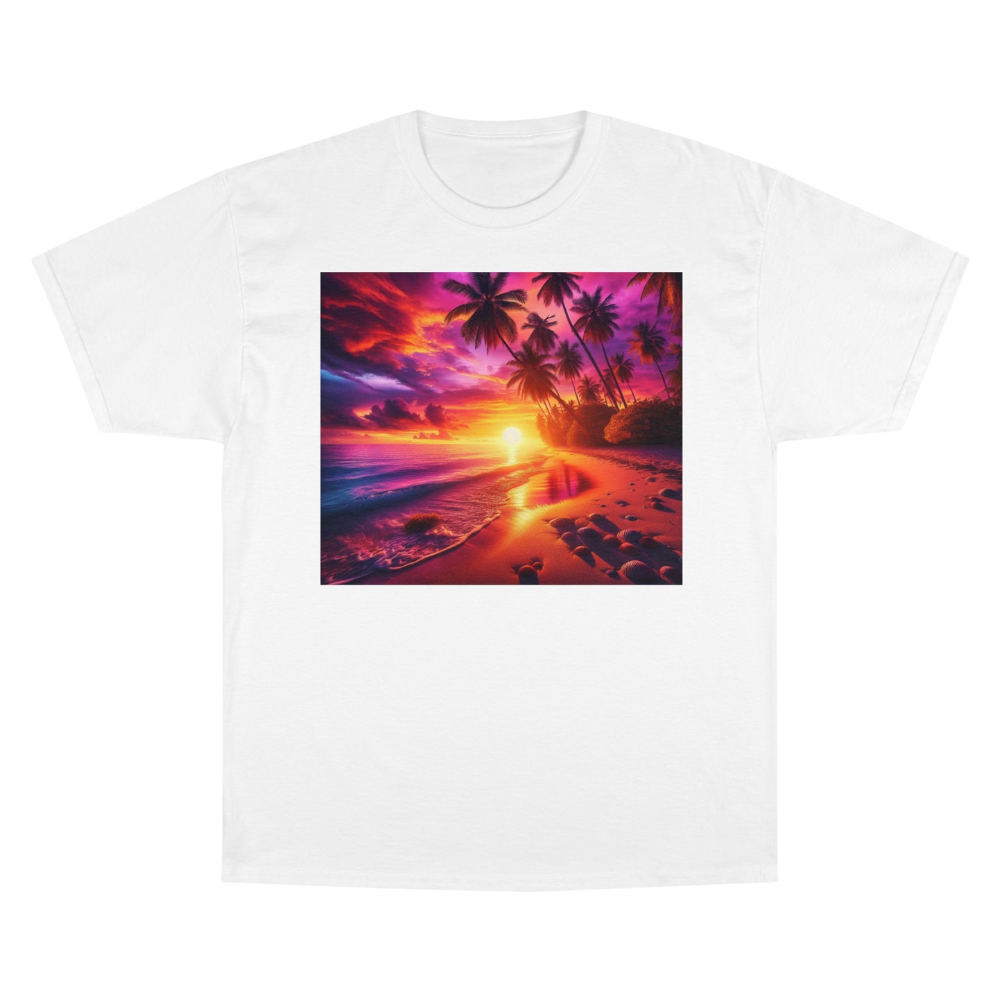 "Paradise Dusk: A Tropical Serenade" - Champion Tee Tropical Beach Sunset with Palm Trees