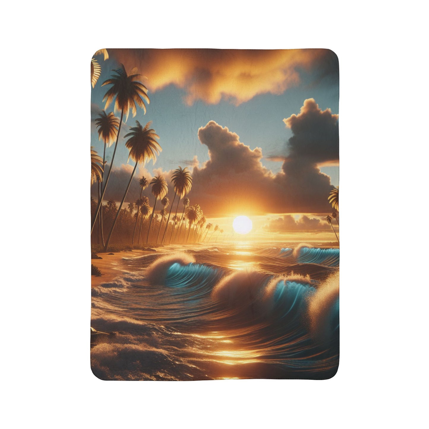 Tropical Laguna Beach Sunset with Palm Tress Fleece Sherpa Blanket