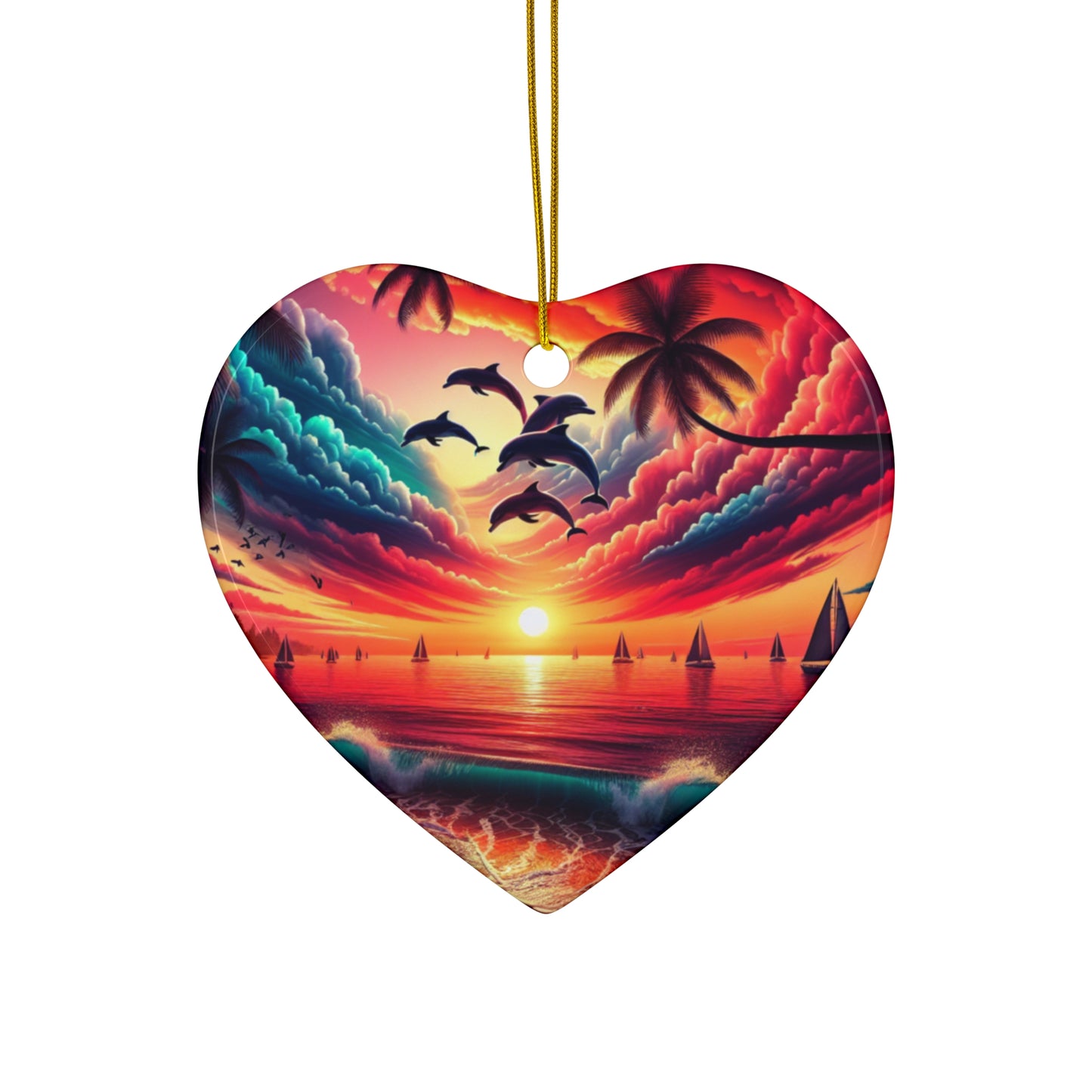 Ceramic Ornament Star, Heart, Snowflake or Circle 1111 "Paradise Dusk: A Tropical Serenade" - Tropical Beach Sunset with Palm Trees, Dolphins, and Sailboats