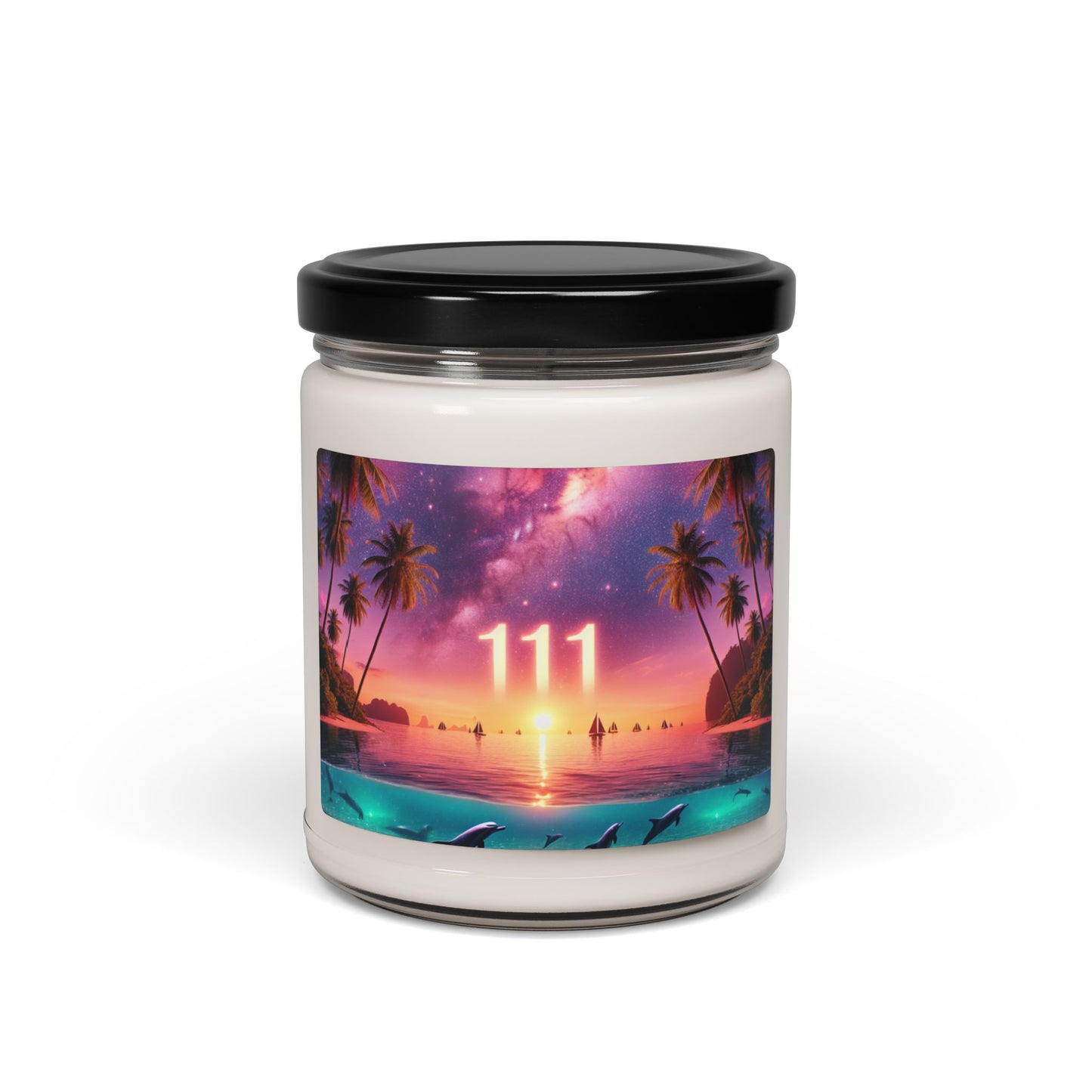 Scented Candle 9 Flavors "Paradise Twilight: A Dolphin Serenade" - 1111 Tropical Beach Sunset with Palm Trees, Dolphins, and Sailboats Art