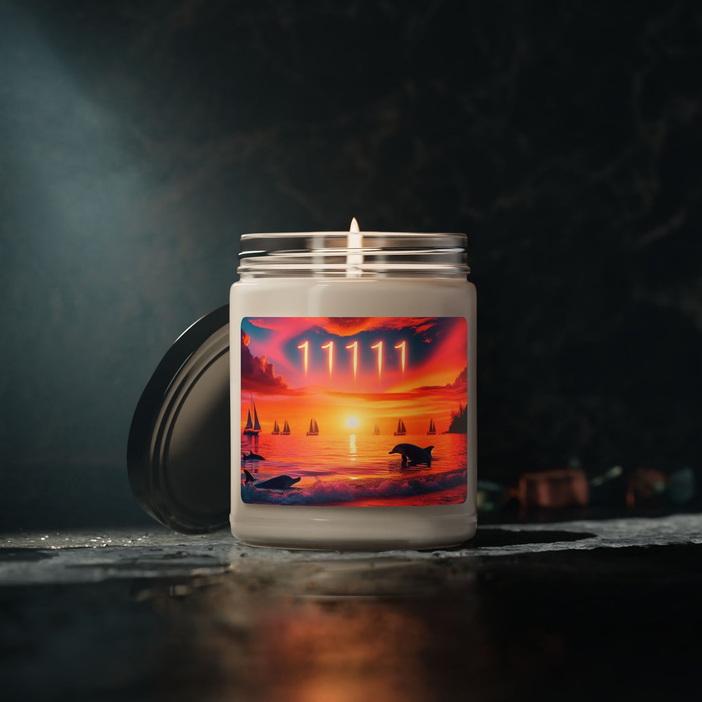 Scented Candle, Beach Sunset with Dolphins, 9oz, Angel Number 1111, Positive Mindset Reminder, Visualization, Made in Usa