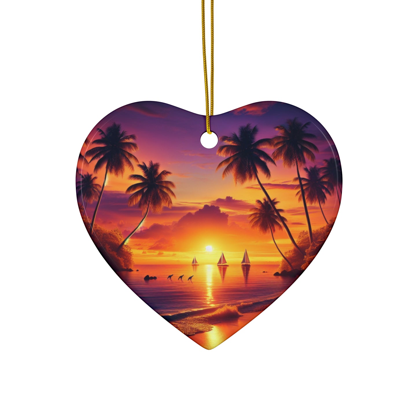 Ceramic Ornament Star, Heart, Snowflake or Circle 1111 "Paradise Twilight: An Exotic Escape in Colors" - Tropical Beach Sunset with Palm Trees, Dolphins, and Sailboats