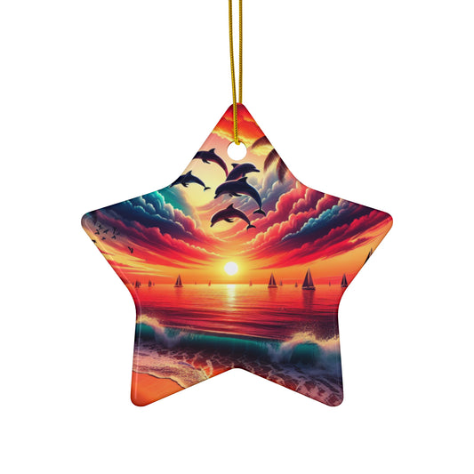 Ceramic Ornament Star, Heart, Snowflake or Circle 1111 "Paradise Dusk: A Tropical Serenade" - Tropical Beach Sunset with Palm Trees, Dolphins, and Sailboats