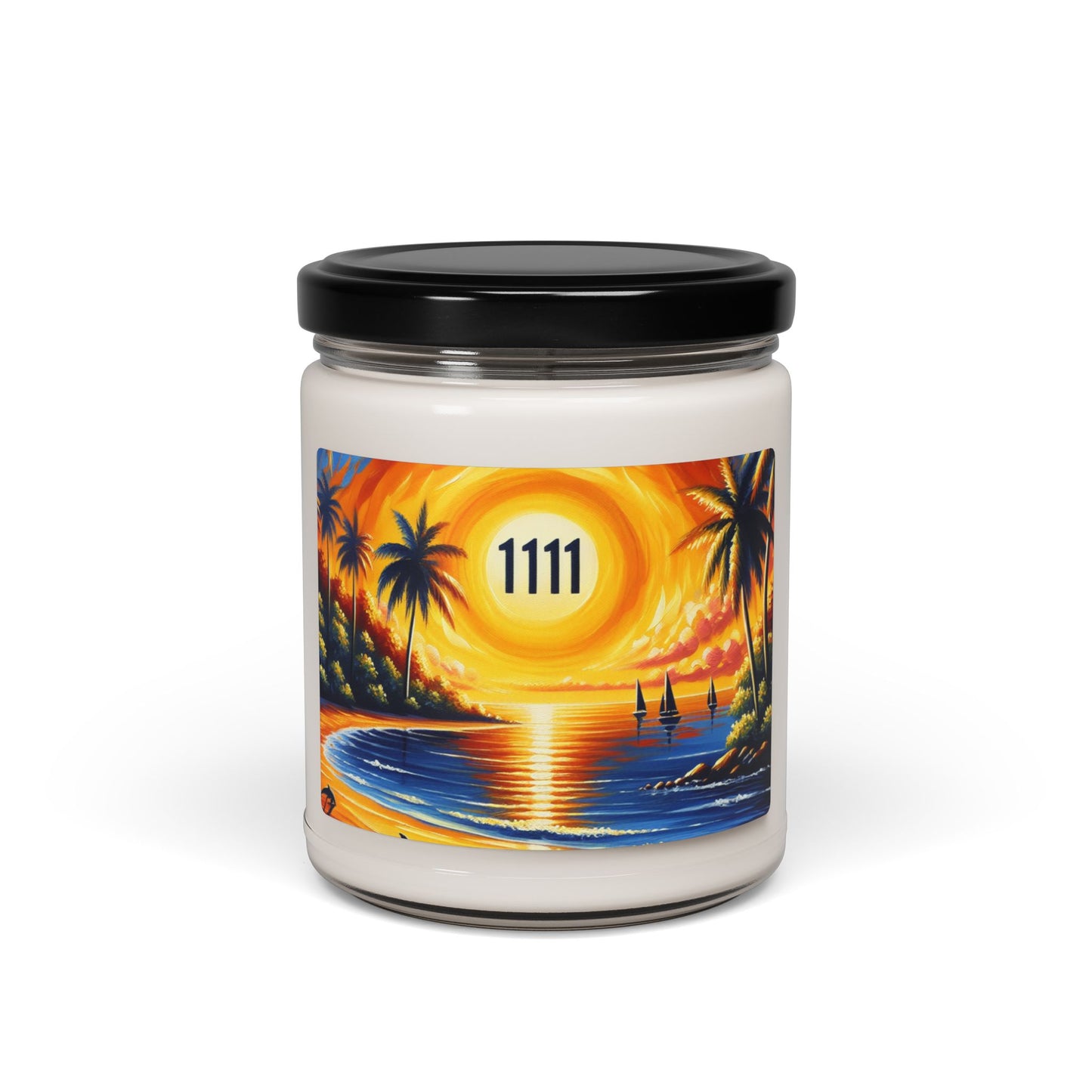 Scented Candle 9 Flavors "Paradisiacal Twilight: A Serenade of Dolphins and Palms" - 1111 Tropical Beach Sunset with Palm Trees, Dolphins, and Sailboats Art