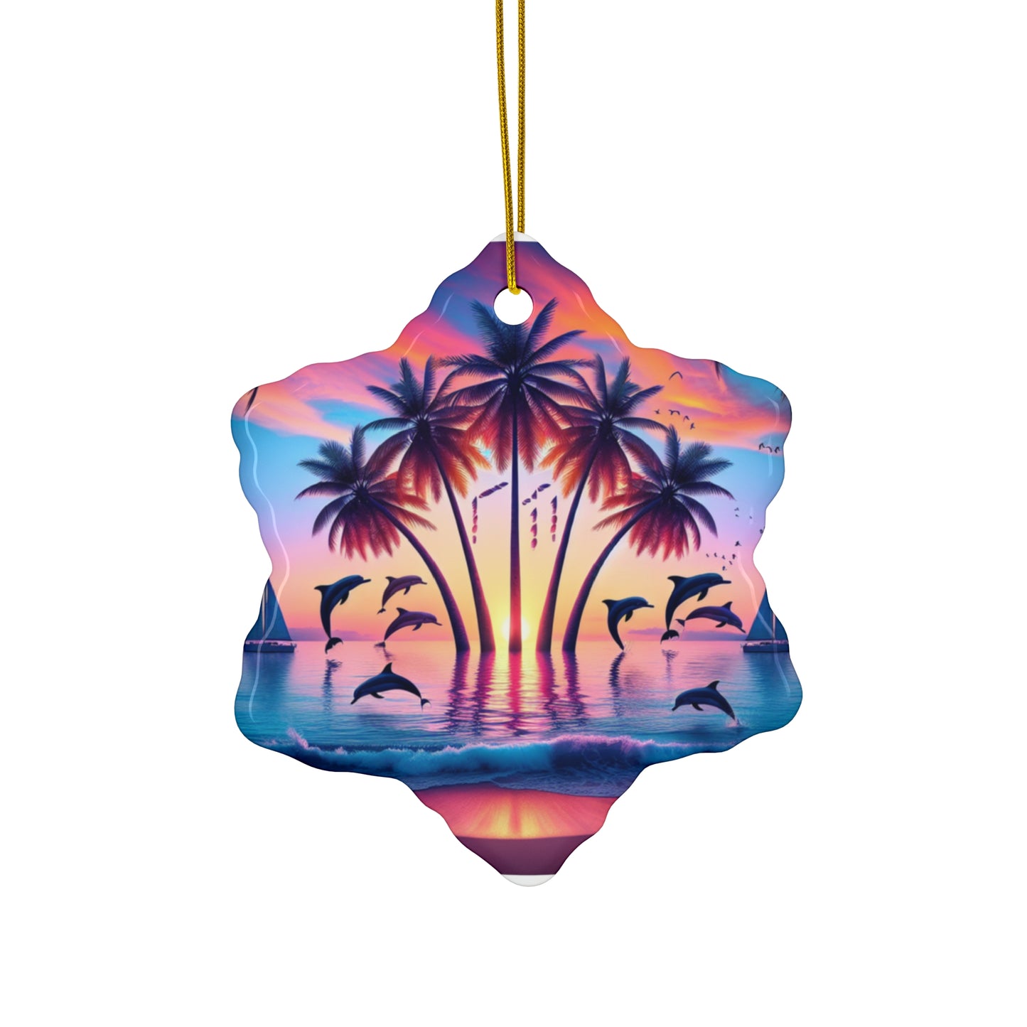 Ceramic Ornament Star, Heart, Snowflake or Circle 1111 "Paradise Twilight: A Tropical Transcendence" - Tropical Beach Sunset with Palm Trees, Dolphins, and Sailboats