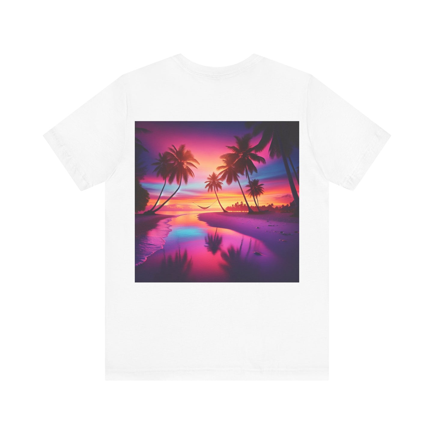 "Serenity Splash: A Tropical Twilight Masterpiece" - Tropical Beach Sunset with Palm Trees Unisex Tee