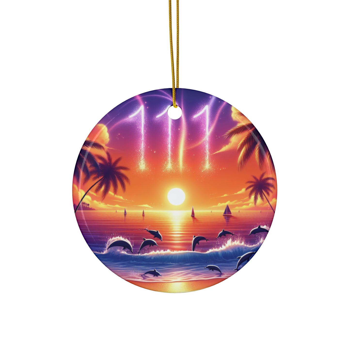 Ceramic Ornament Star, Heart, Snowflake or Circle 1111 "Paradise Serenity: A Tropical Sundown Symphony" - Tropical Beach Sunset with Palm Trees, Dolphins, and Sailboats